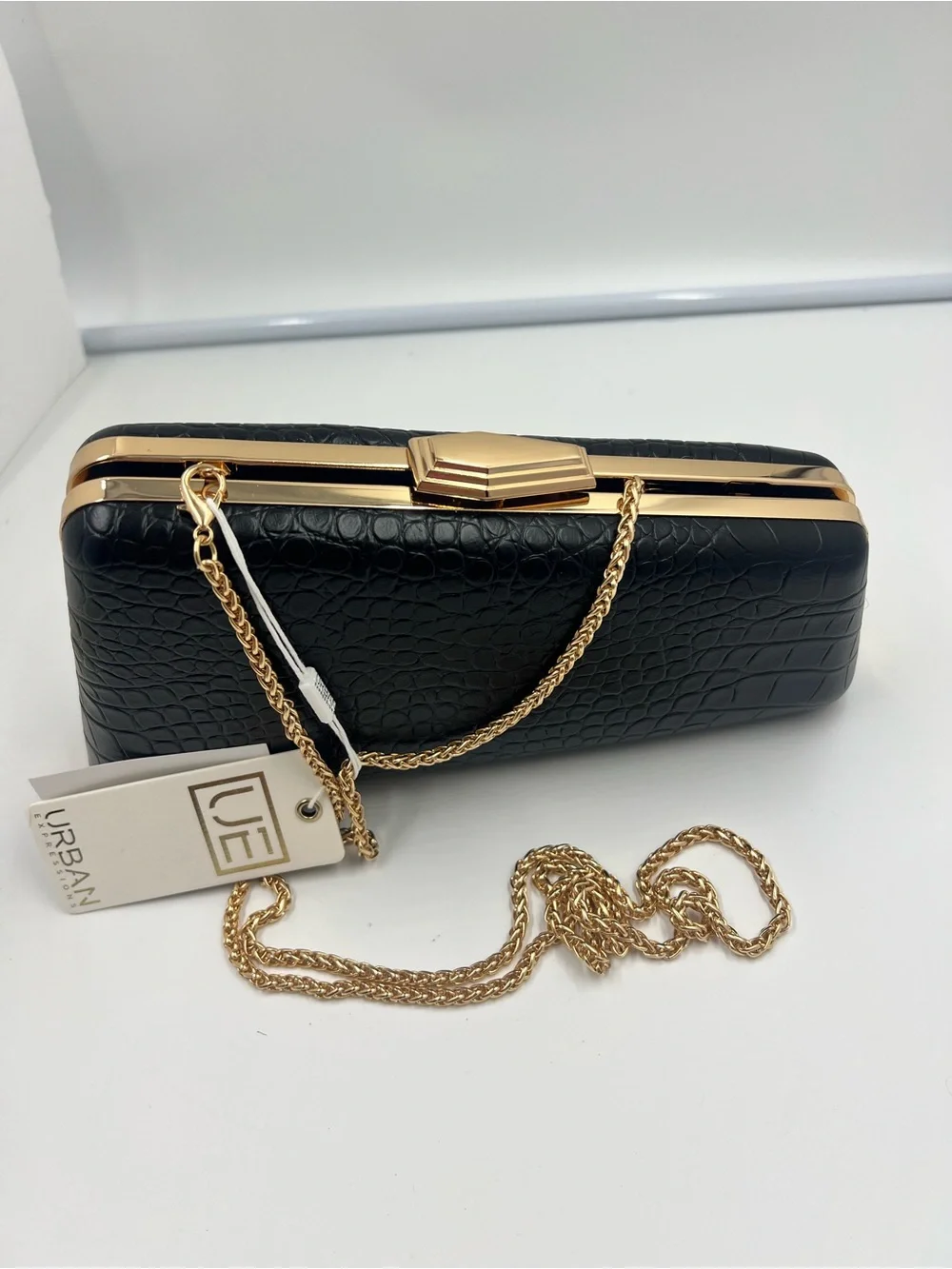 Urban Expressions Black Croc-Embossed Clutch with Gold Chain